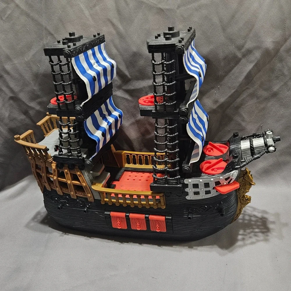 Vintage Fisher-Price Imaginext Pirate Ship Black Blue White Sails 2006 Mattel